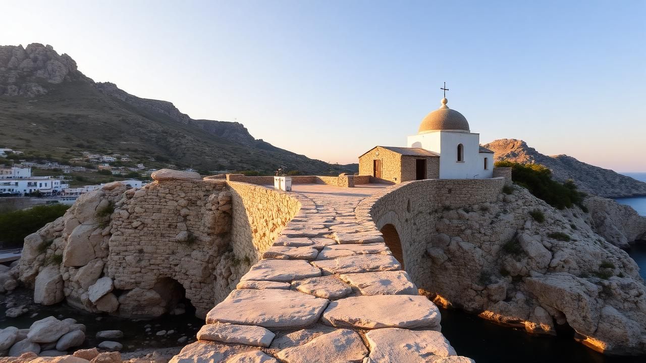 Visit Chrysopigi Monastery at sunset detail illustration showing a complementary view for the travel experience