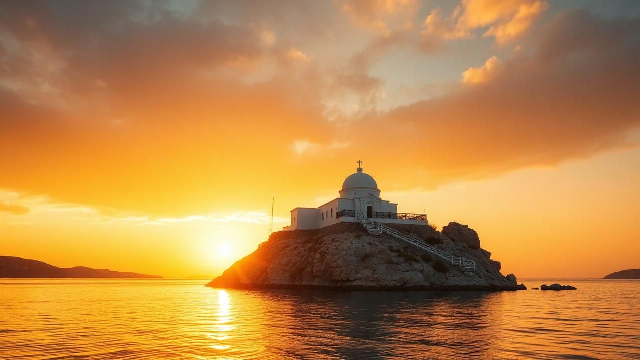 Visit Chrysopigi Monastery at sunset travel experience illustration for Sifnos