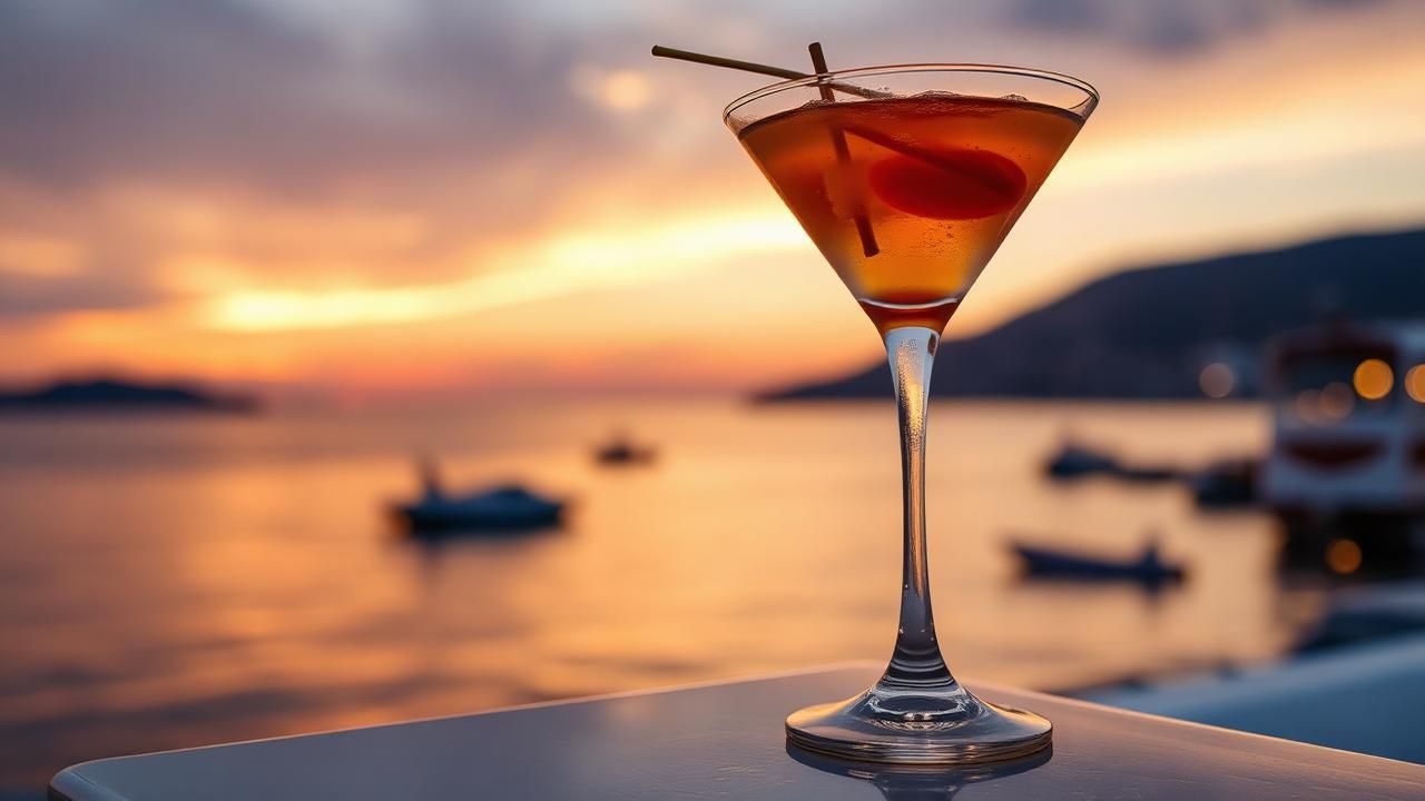 Sunset drinks above Kamares bay detail illustration showing a complementary view for the travel experience