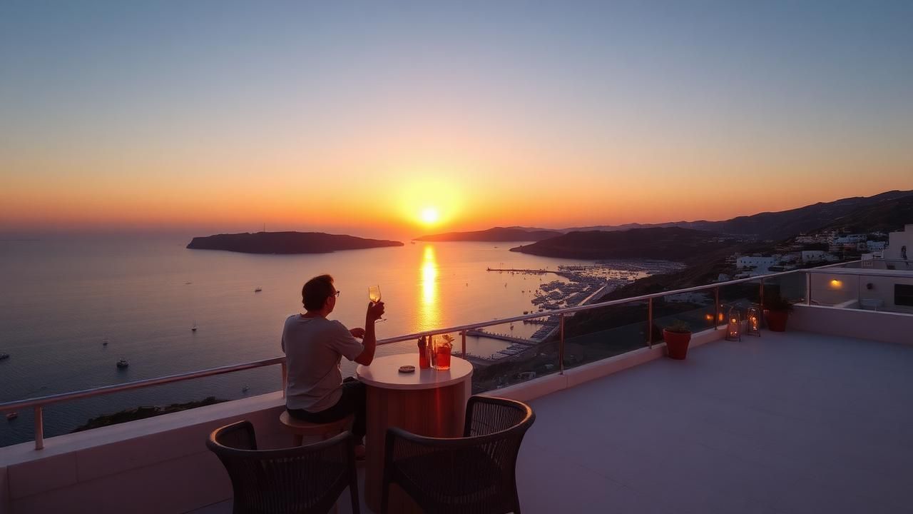 Sunset drinks above Kamares bay travel experience illustration for Sifnos