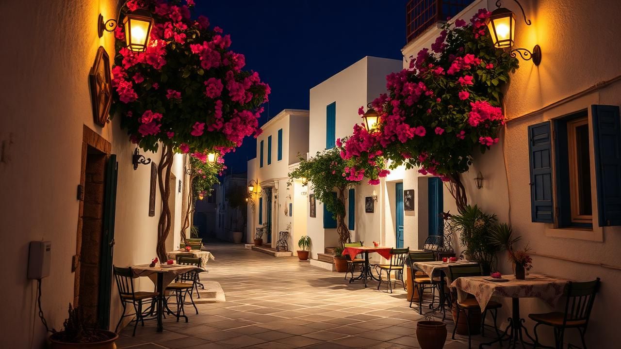 Stroll Apollonia's Steno alley at night travel experience illustration for Sifnos