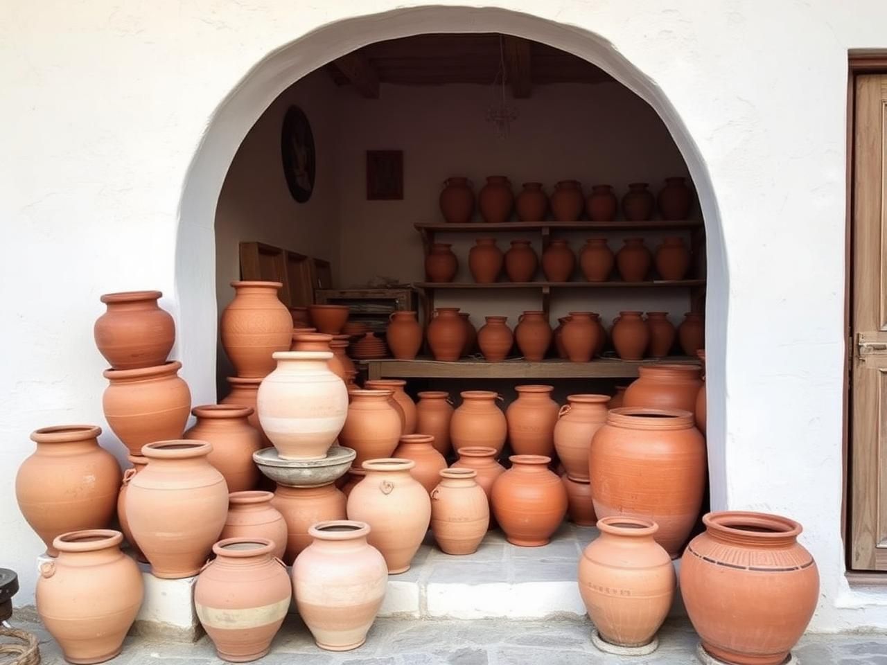 Traditional Sifnos terracotta pottery stacked outside a whitewashed studio