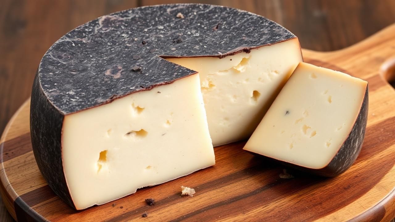 Manoura cheese aged in red wine sediment